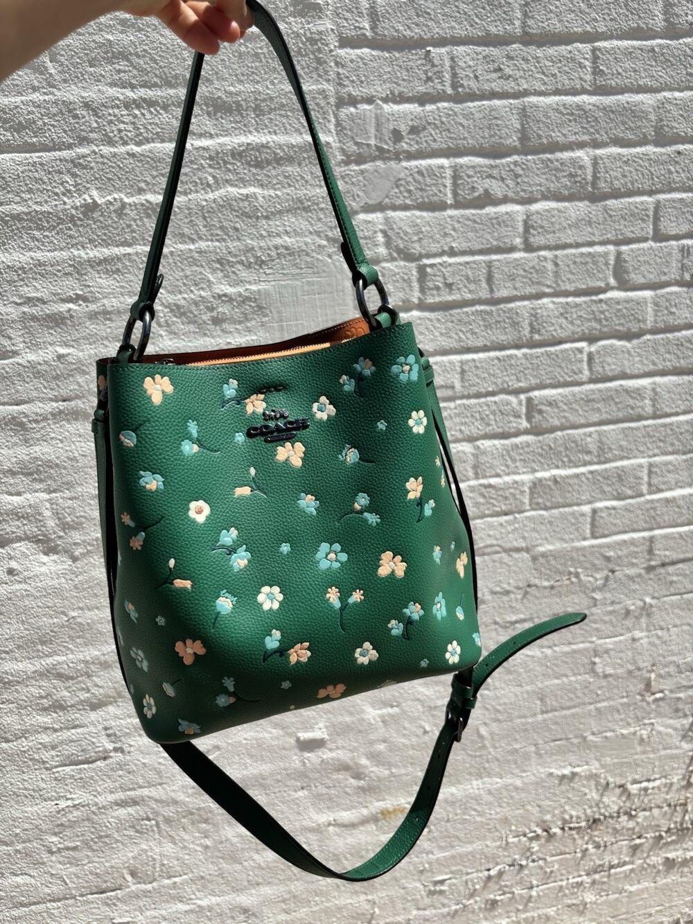 Coach Green Floral Leather Shoulder Bag Bucket Crossbody